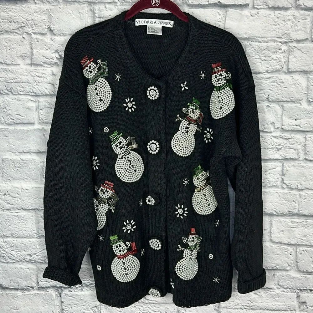 Victoria Jones VINTAGE Pearl Beaded Snowman Black Holiday Cardigan Size Small